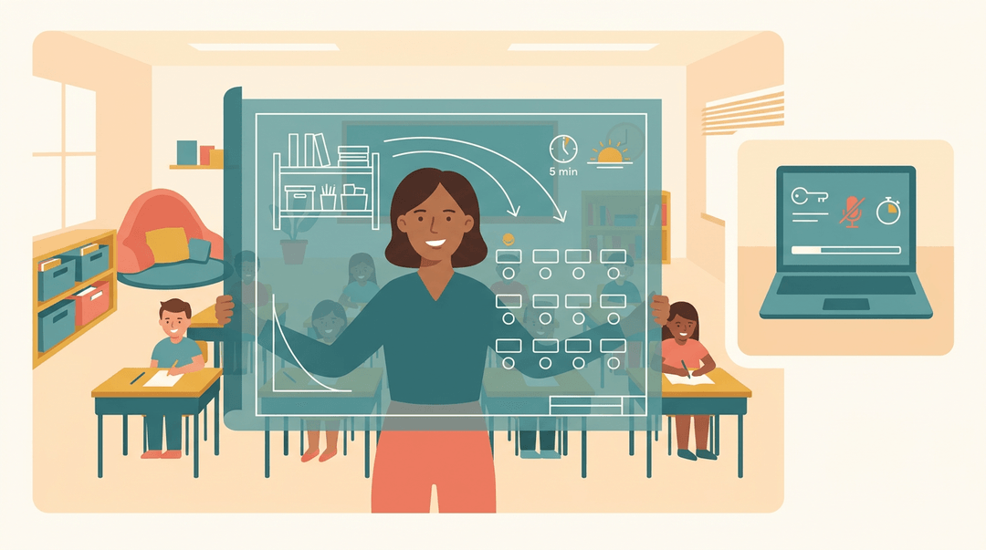 Teacher holds a blueprint map of an organized classroom, showing seating and flow, with a virtual teaching inset.