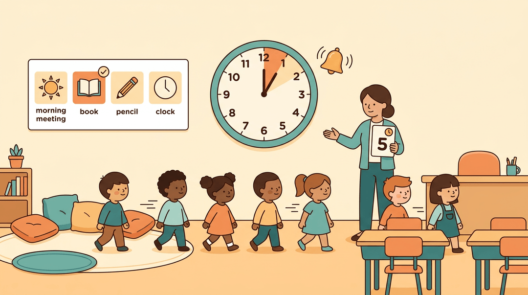 A teacher guides diverse children in an orderly line past a visual schedule and clock during a calm classroom transition.