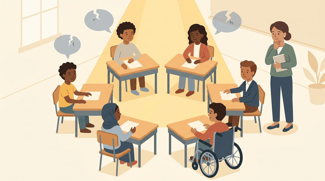 Diverse students in a circle receive equal golden light while gray speech bubbles with cracks symbolize microaggressions.