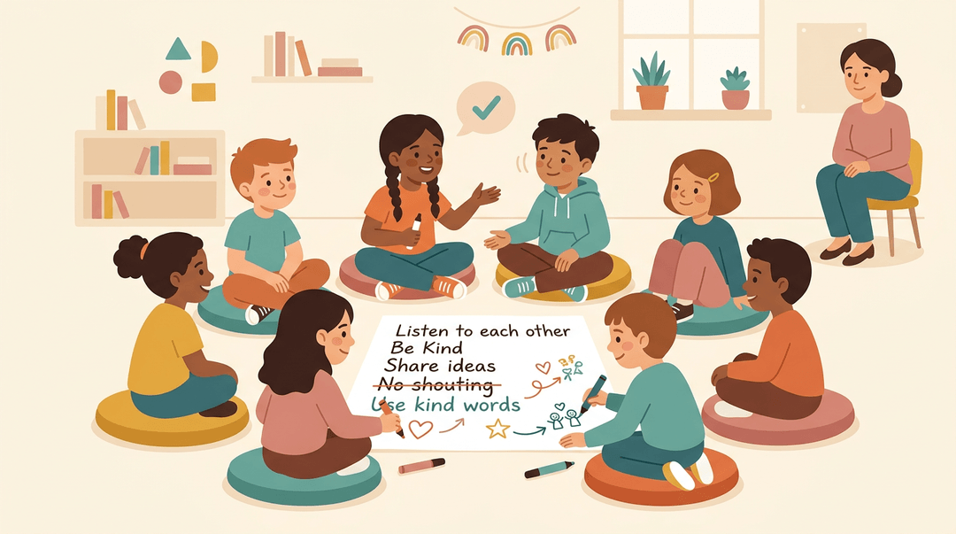 Students co-create classroom rules in a circle while the teacher observes from the side.