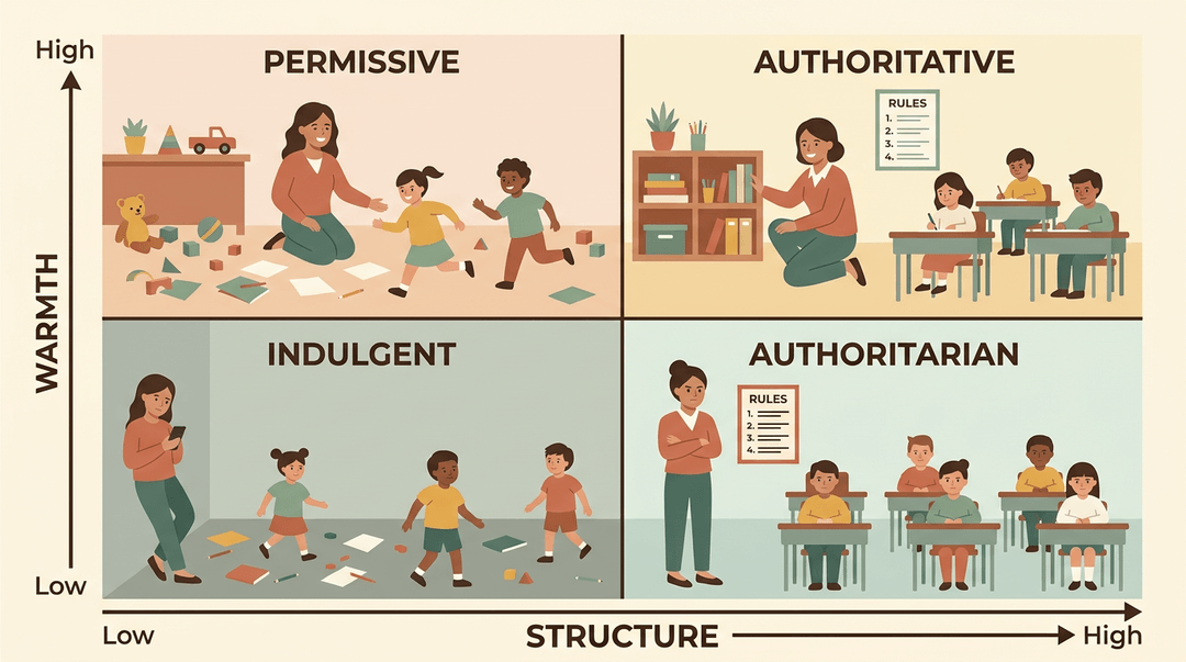 A 2x2 grid comparing authoritative, permissive, authoritarian, and indulgent classroom styles based on warmth and structure.