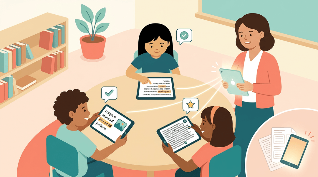 Teacher guides diverse students using adaptive tablets, replacing paper worksheets with personalized digital learning tools.