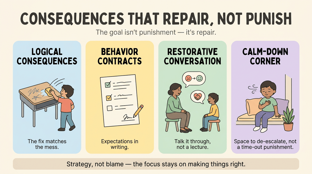 Infographic showing four positive discipline strategies: logical consequences, behavior contracts, restorative conversations, and calm-down corners.