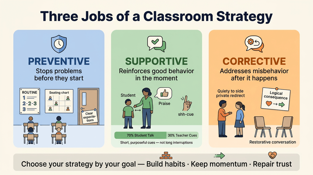 Infographic detailing preventive, supportive, and corrective classroom strategies with icons and examples on a cream background.
