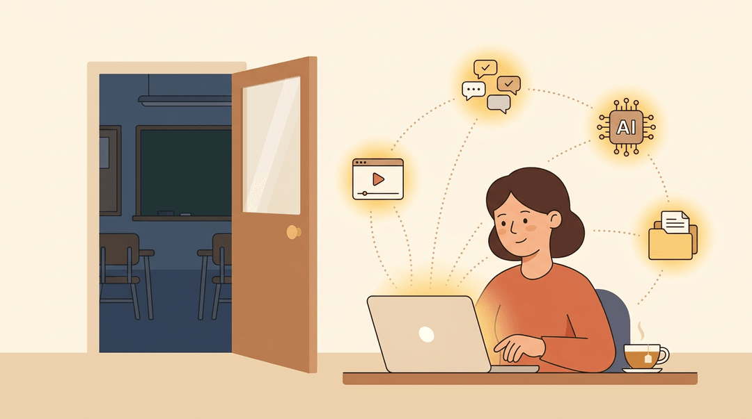A teacher at home connects to digital learning resources like webinars and AI tools, symbolizing professional growth beyond the classroom.