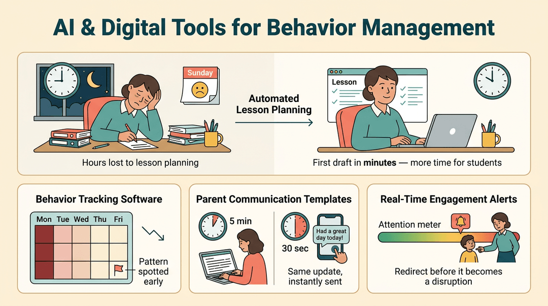 Infographic showing how AI tools save teachers time on planning, behavior tracking, and parent communication.