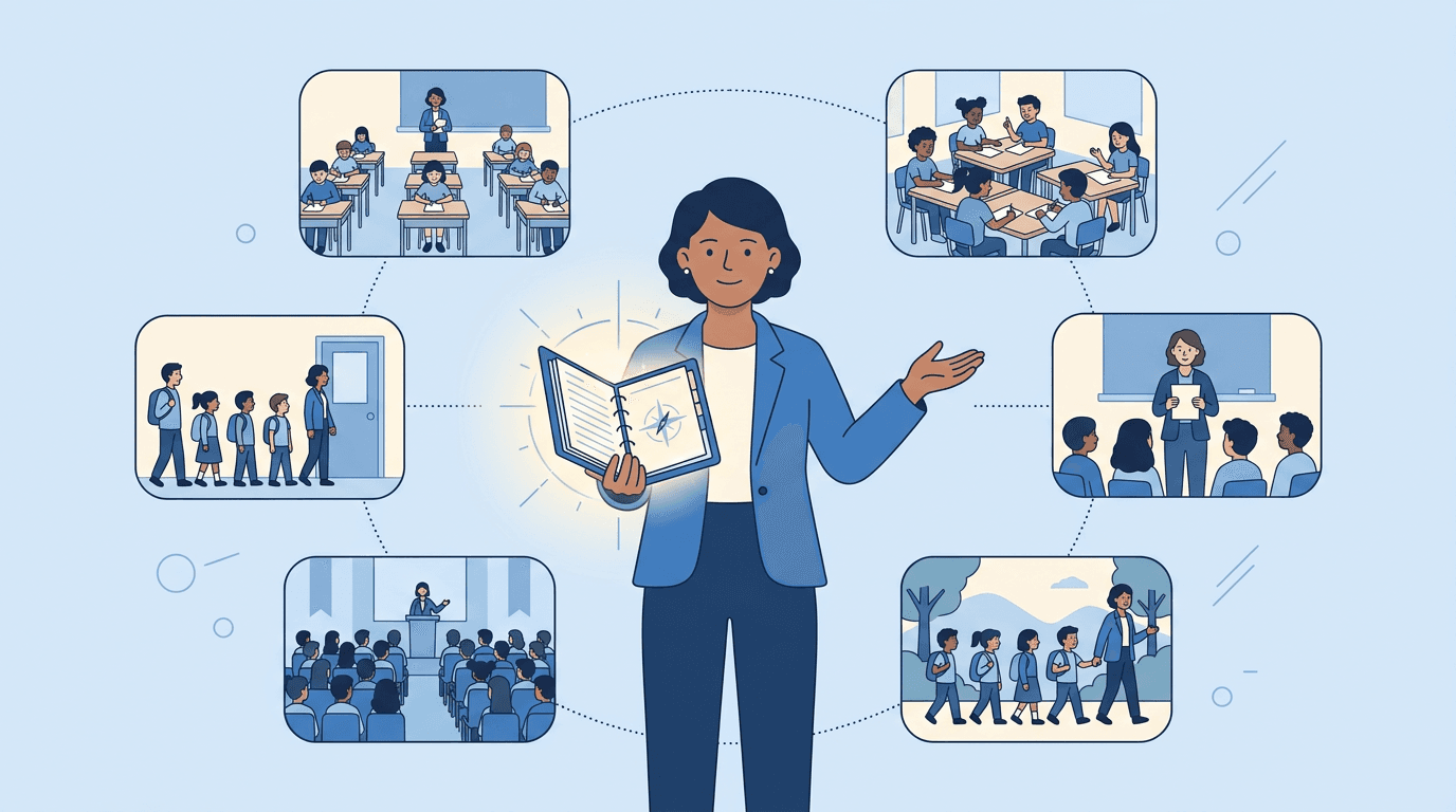 A teacher holds a glowing planner surrounded by icons of classroom scenarios like tests, field trips, and drills.