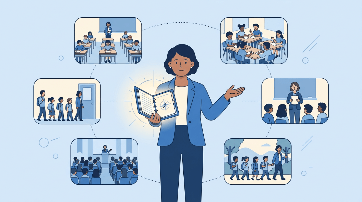 A teacher holds a glowing planner surrounded by icons of classroom scenarios like tests, field trips, and drills.