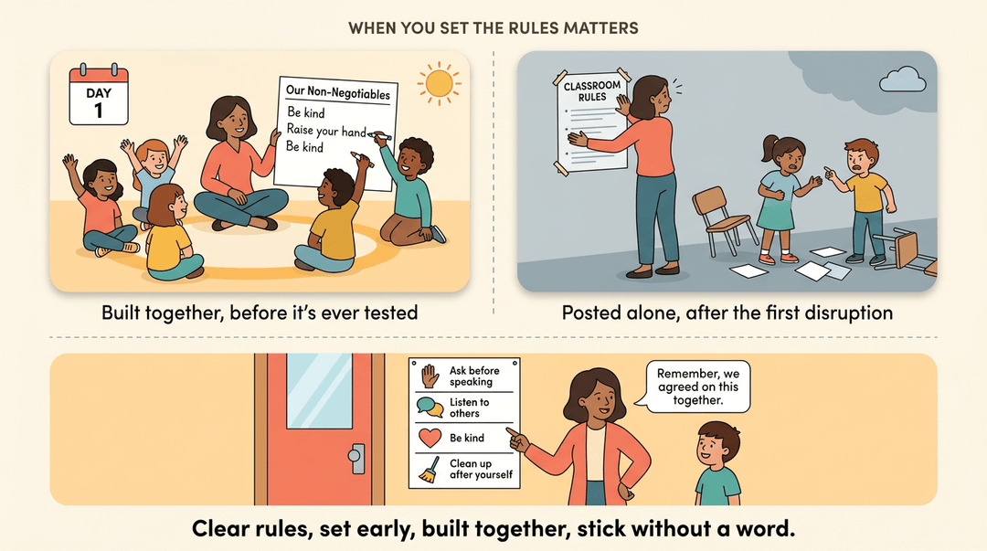 Illustration contrasting collaborative rule-setting with imposed rules, showing a cheerful classroom chart and caption about building agreement together.