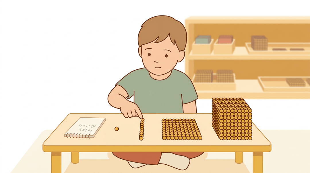A child touches Montessori golden beads on a table, visualizing math concepts with units, tens, hundreds, and thousands.