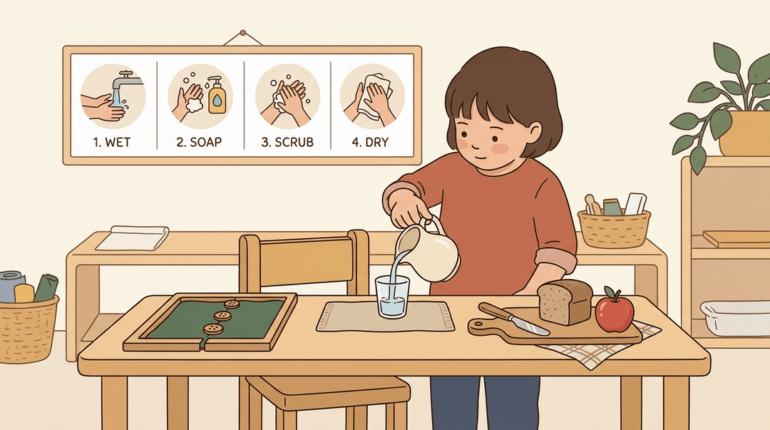 A child pours water at a Montessori table with practical life items and a handwashing chart in the background.