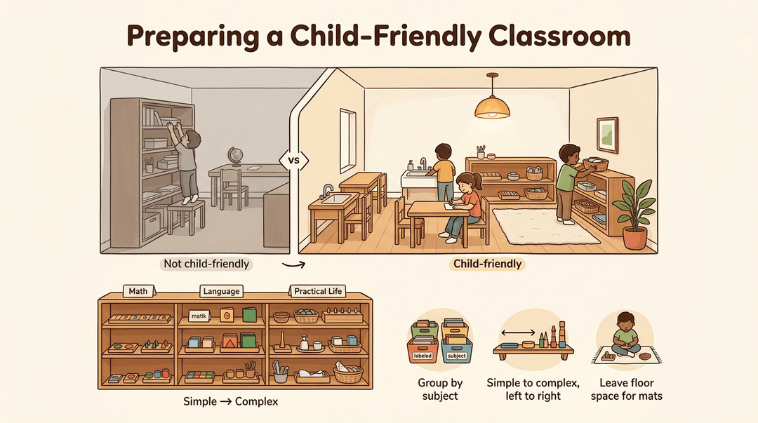 Infographic contrasting typical vs Montessori classrooms and showing shelf organization tips for a child-friendly learning space.