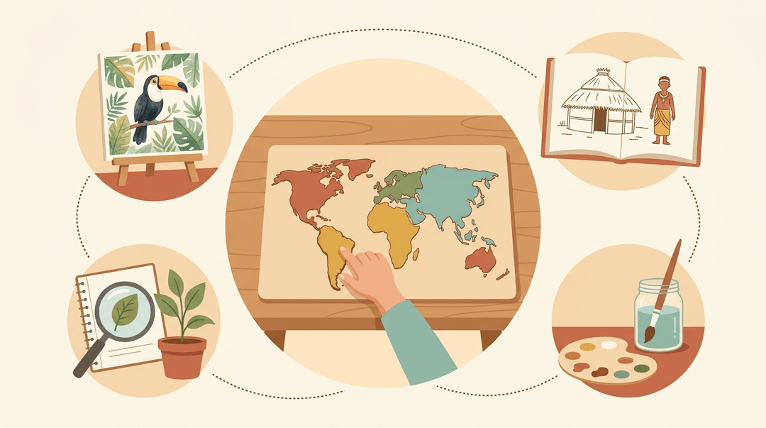 A wooden puzzle map of the world is being assembled by a child, surrounded by art and science supplies connected by dotted lines.