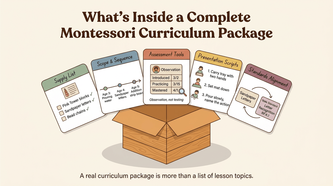 Five fanned cards from a crate show Montessori curriculum details: supply list, scope, assessment, scripts, and standards.