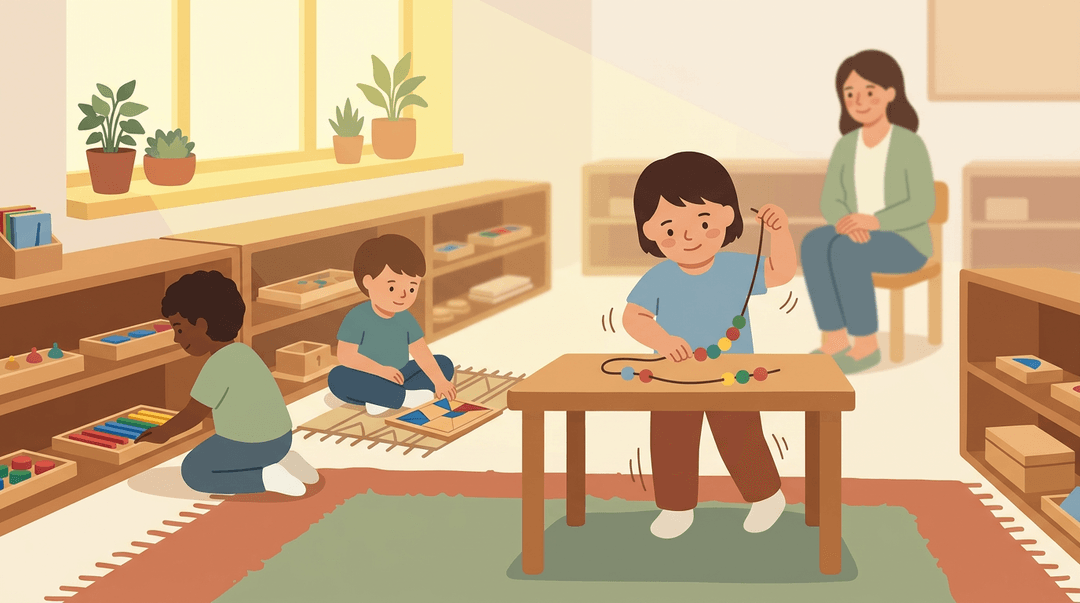 Children work independently at low tables in a sunlit Montessori classroom while a teacher observes calmly from the background.