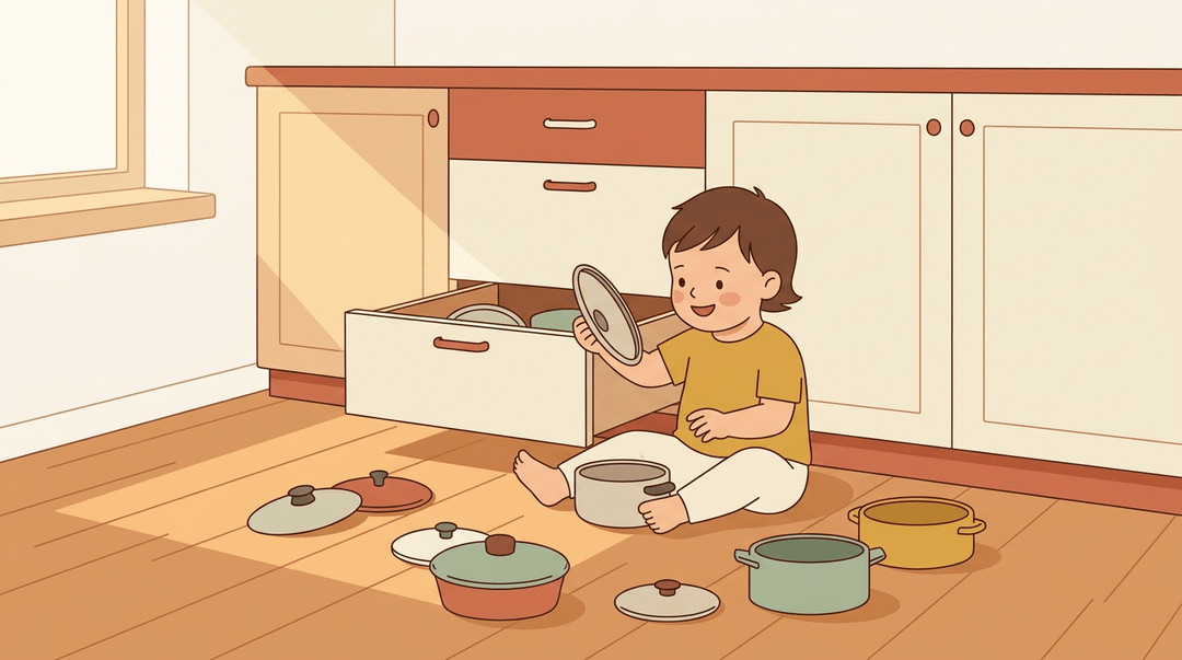 A toddler explores mismatched pots and lids on a wooden floor, comparing items with quiet curiosity in a warm, minimalist kitchen.