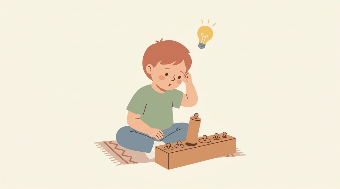 Child discovers a mismatched Montessori cylinder, showing quiet curiosity and self-correction without adult help.