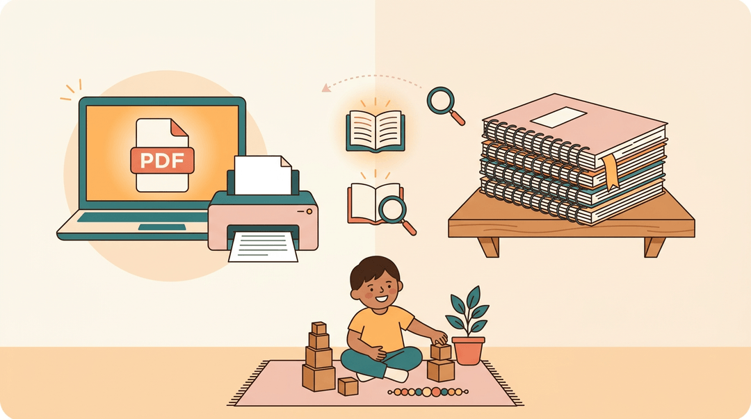 A split view shows digital PDFs and printed workbooks above a child playing with wooden Montessori blocks.
