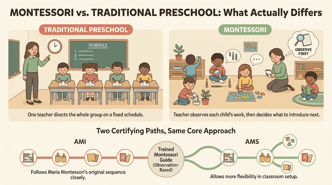 Infographic comparing Montessori and traditional preschools, highlighting observation-based learning versus fixed schedules.