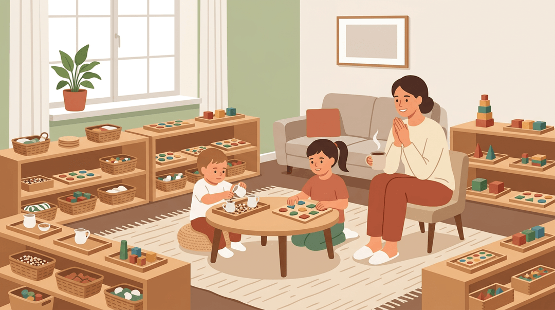 Montessori daycare scene with toddlers working independently at a low table while a caregiver relaxes nearby in a cozy, sunlit room.