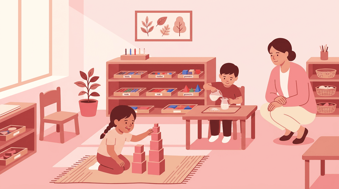 Montessori classroom with children arranging pink tower blocks and pouring rice while a teacher observes quietly.