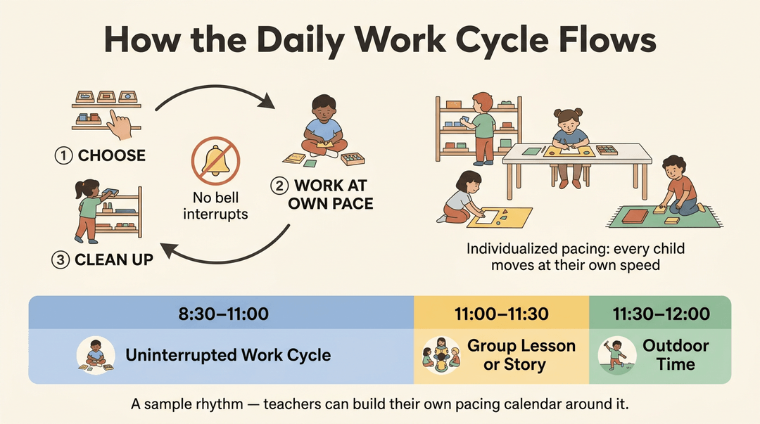 Diagram showing a continuous Montessori work cycle with individualized pacing and a sample daily schedule timeline.