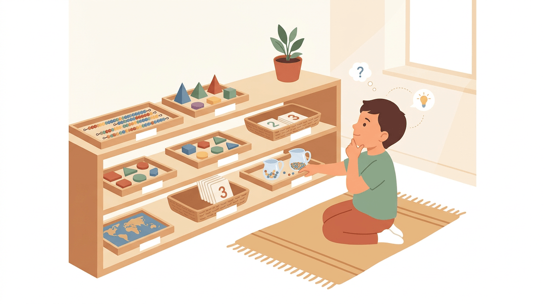 A child kneels on a mat in a Montessori classroom, thoughtfully choosing from neatly arranged learning materials on a low shelf.