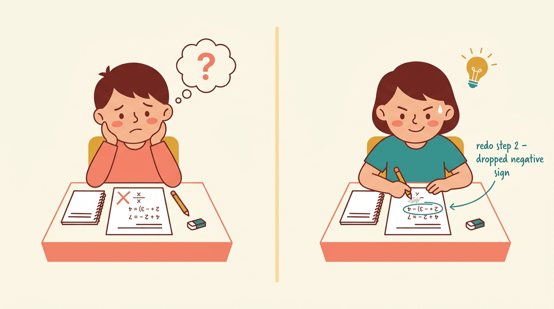 Two students contrast vague red X feedback with specific actionable notes, showing how detailed guidance fosters determination over confusion.