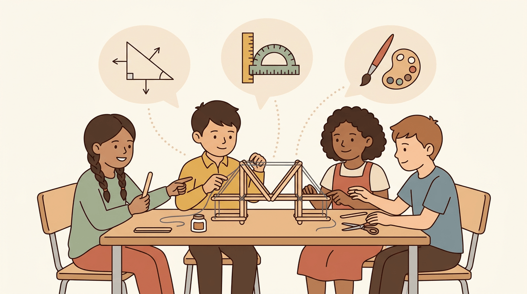 Diverse students build a bridge model while thought bubbles show physics, math, and art concepts connecting to the project.