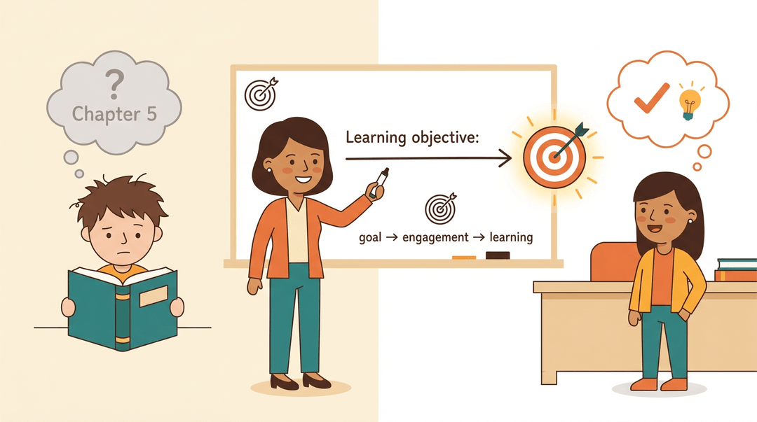 A teacher points to a learning objective connecting a bored student with closed book to an engaged student near a glowing goal.