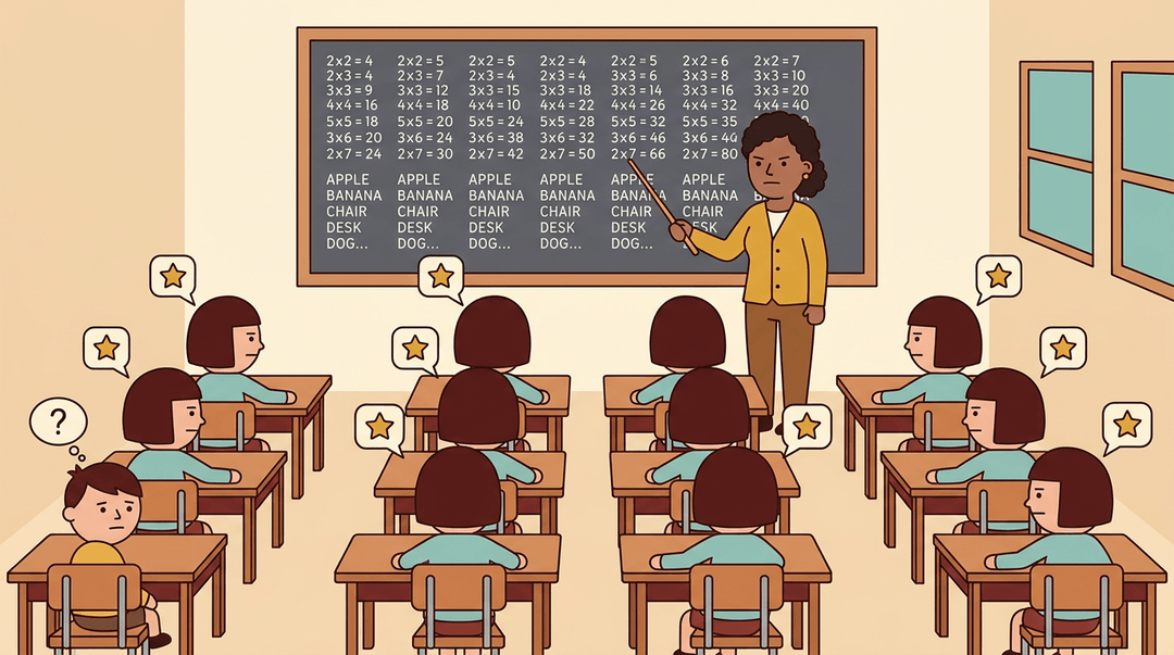 Students sit in uniform rows facing a teacher at a chalkboard, highlighting rote memorization with one confused child.