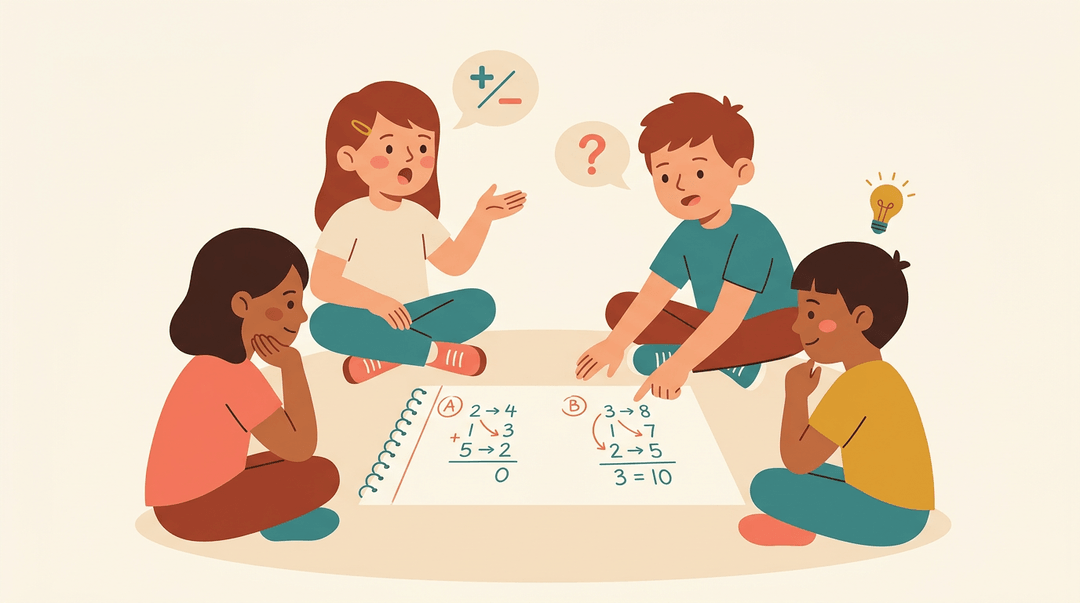 Four diverse students sit in a circle discussing math solutions labeled A and B, fostering peer-to-peer learning.