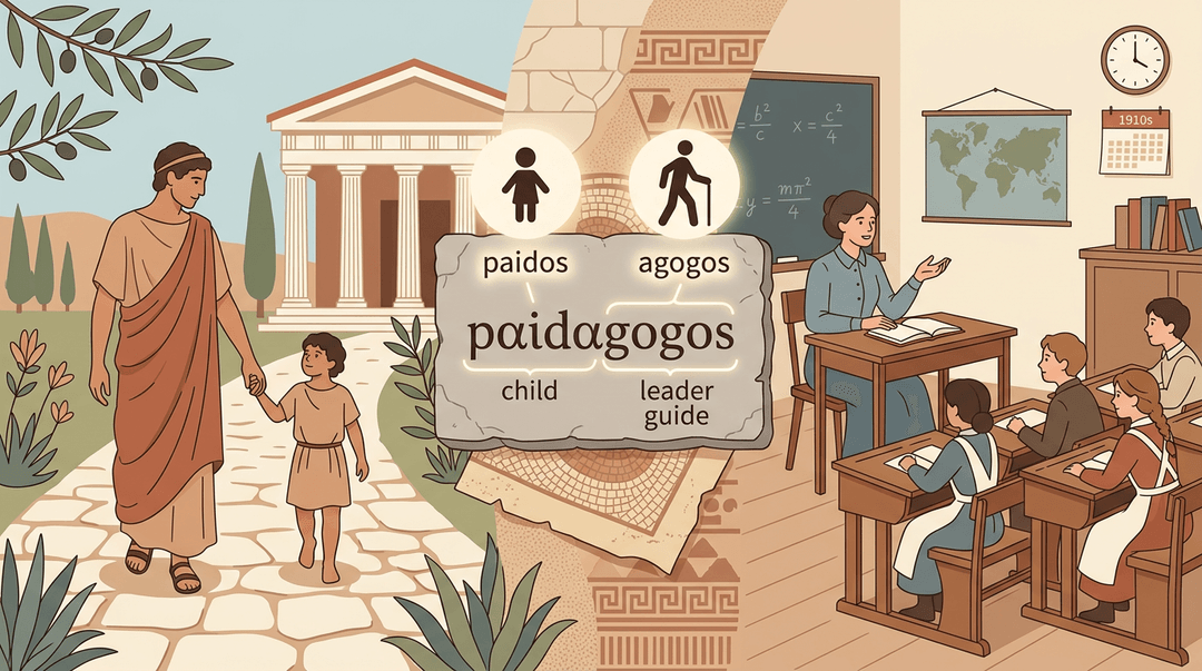 Timeline showing pedagogy's evolution from an ancient Greek guide to a 1910s classroom teacher, highlighting the roots of the word.