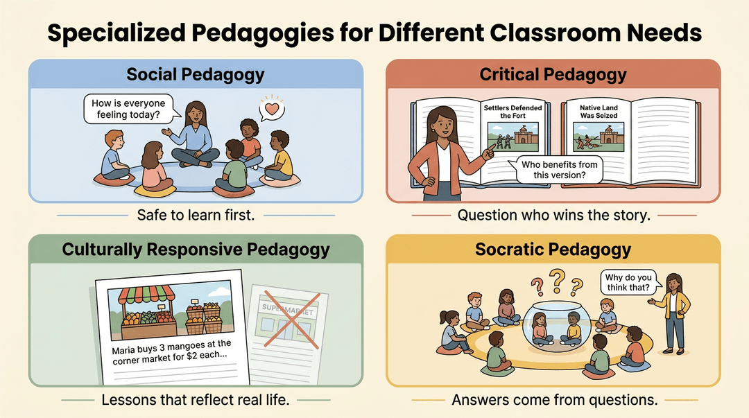 Four panels illustrate social, critical, culturally responsive, and Socratic pedagogies with diverse students and teachers in action.