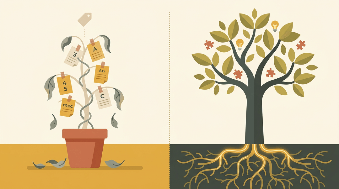 Wilting plant with taped flashcards contrasts with vibrant tree having glowing roots and lightbulb leaves, illustrating rote memorization versus meaningful learning.