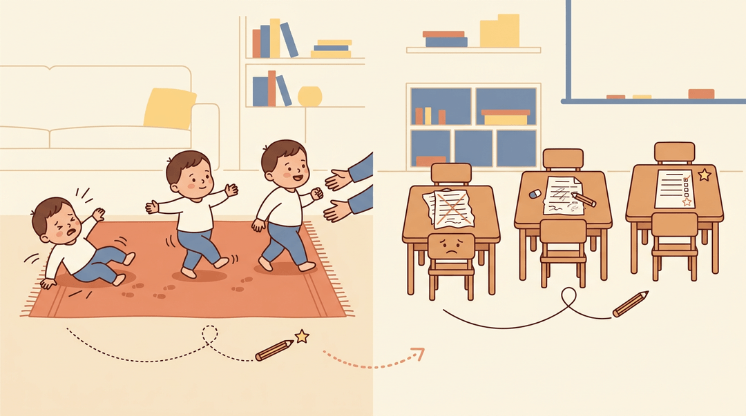 A flat vector illustration parallels a toddler's walking progression with a student's academic growth using mirrored sequences and soft colors.