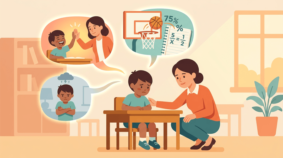 Teacher supports a student, with thought bubbles showing positive memories and past tension.