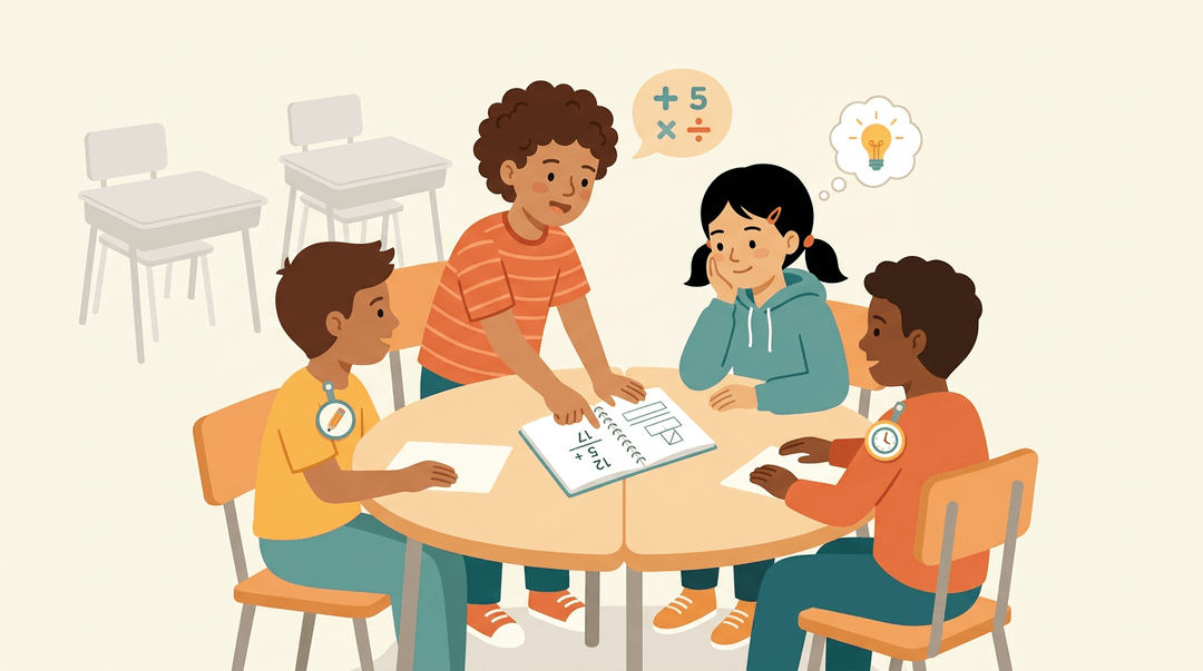 Diverse fifth graders collaborate around a table, with one explaining math while others listen or track roles, symbolizing team learning.