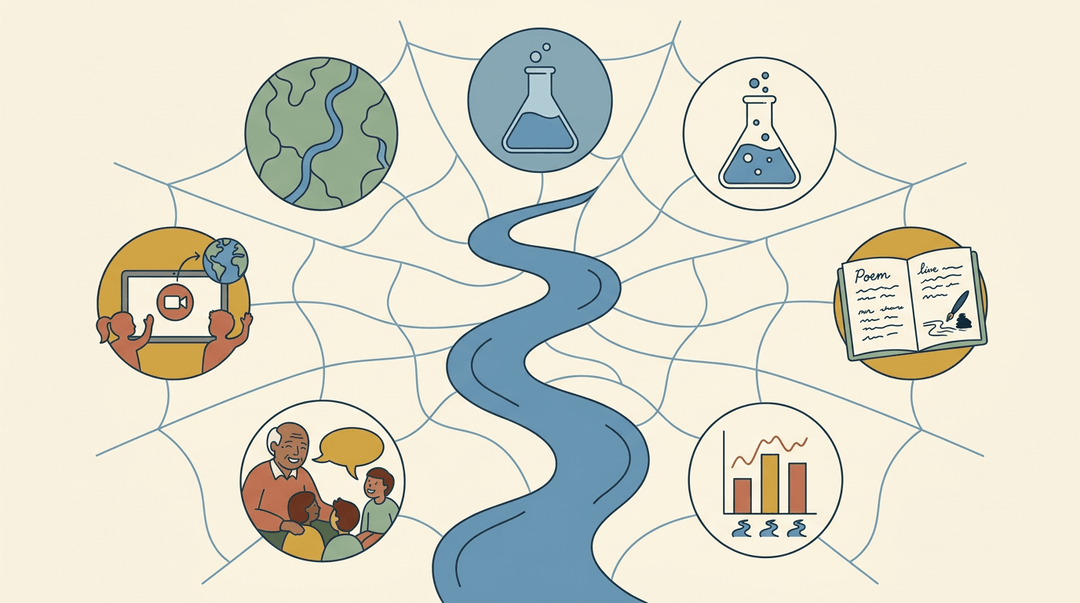 Central blue river connects icons of geography, science, writing, data, storytelling, and global video calls in a web diagram.