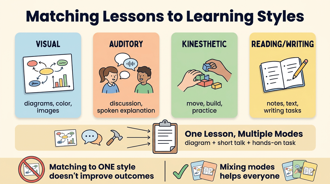 Infographic showing four learning styles with classroom examples and a banner advising to mix modes rather than matching just one.
