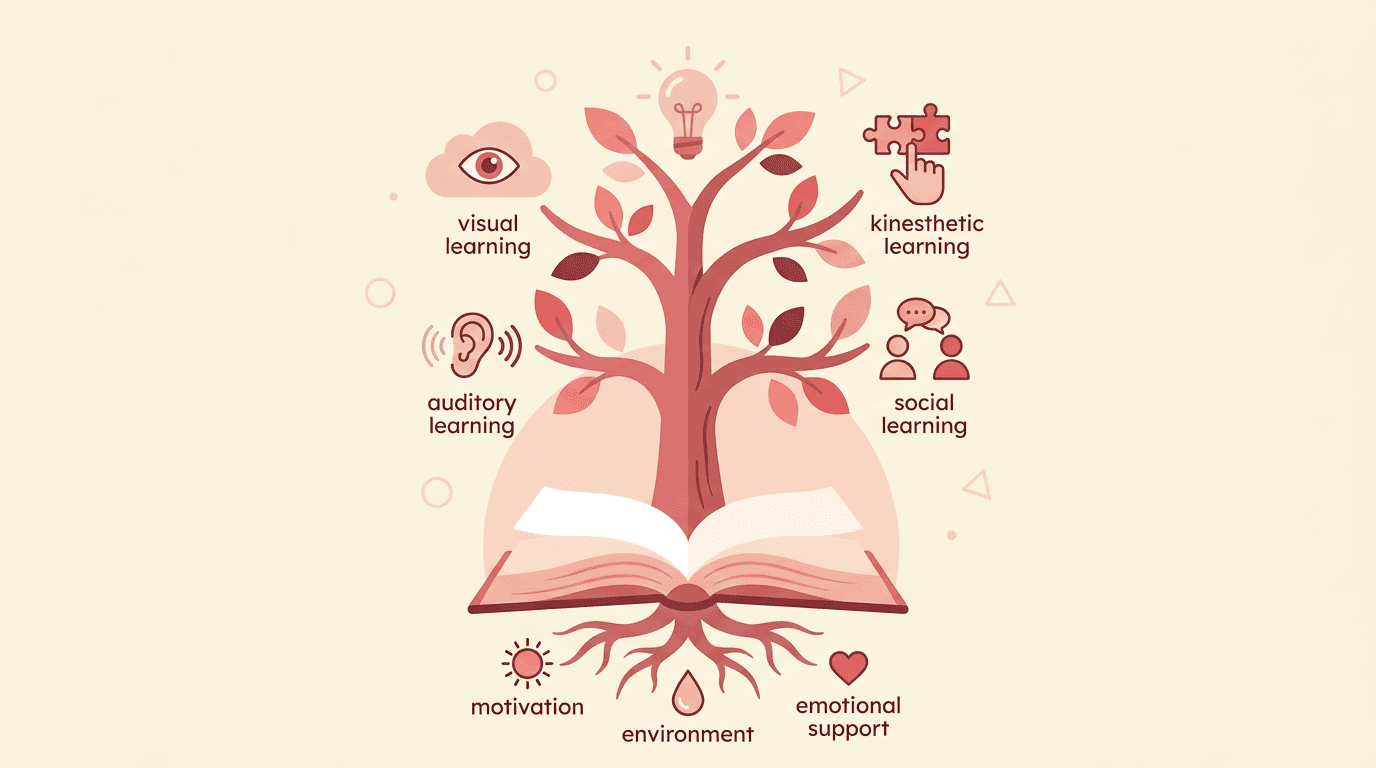 Tree of knowledge grows from a book, with roots showing learning conditions and branches representing visual, auditory, kinesthetic, and social learning styles.