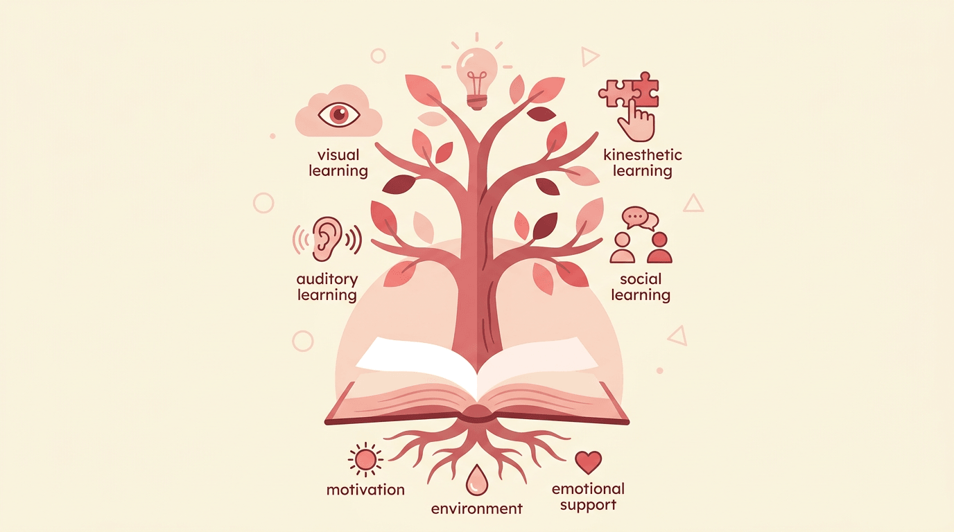 Tree of knowledge grows from a book, with roots showing learning conditions and branches representing visual, auditory, kinesthetic, and social learning styles.