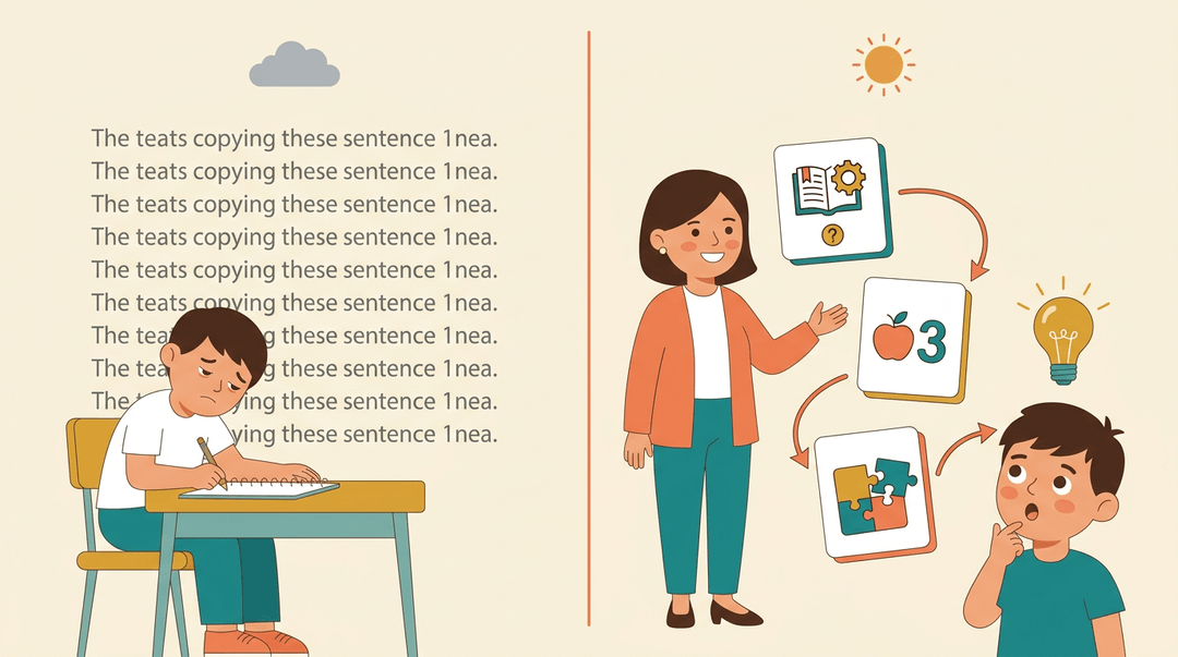 Contrasting mindless copying with engaging teaching using definition, example, and analogy to spark curiosity.