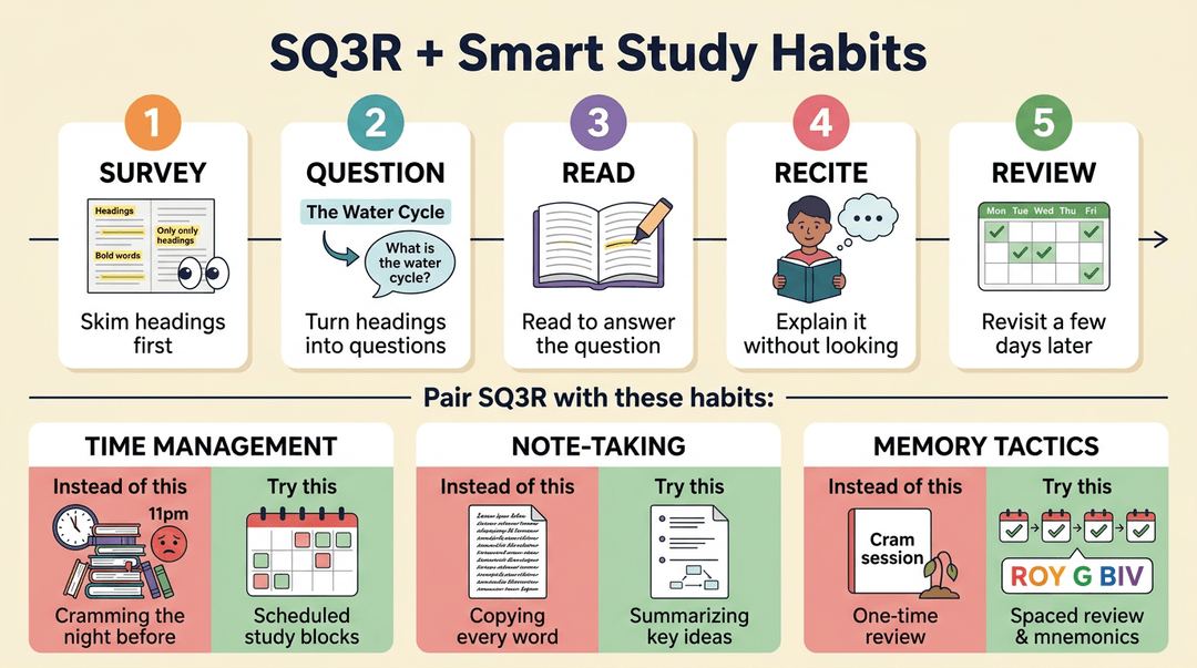 Infographic showing SQ3R steps and study habits like spaced review, summarizing notes, and scheduled blocks.