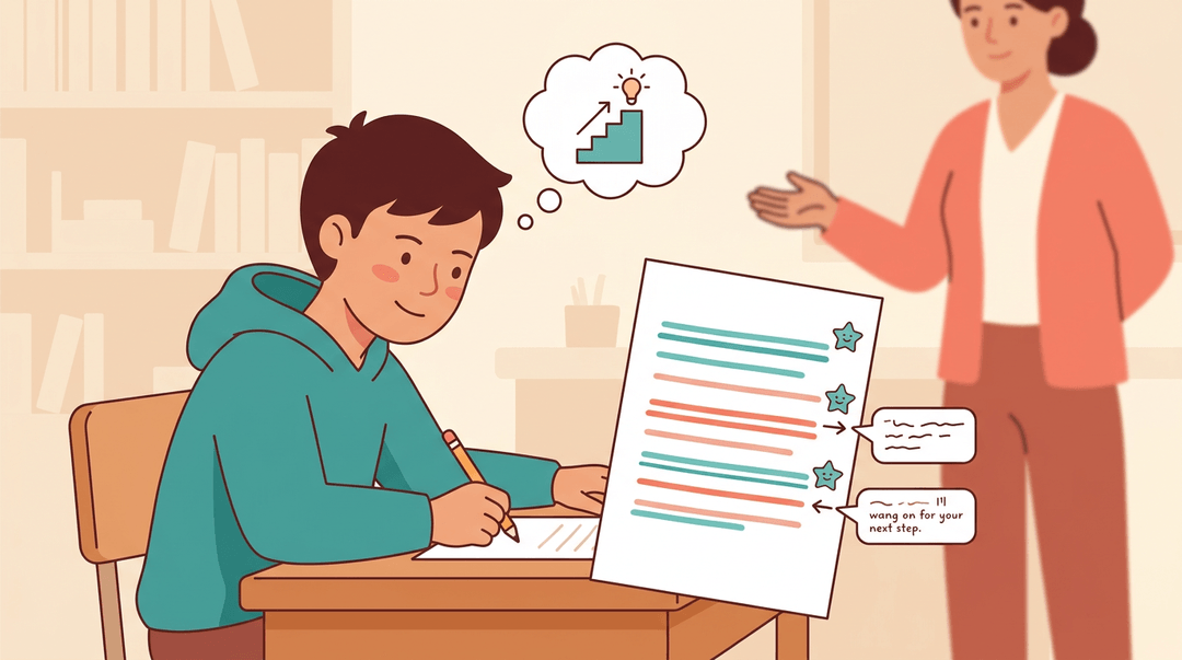 A student reviews an essay with supportive teal and coral marks, guided by a teacher in the background.