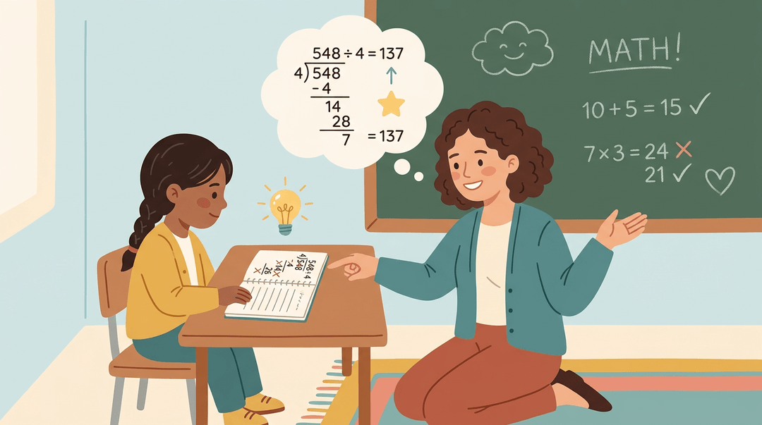 A teacher encourages a student at a desk, highlighting that mistakes are a natural step toward learning and growth.