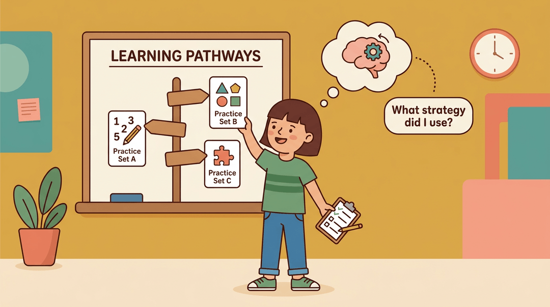 Student chooses a learning path from a wall board, reflecting on their strategy with a thought bubble.