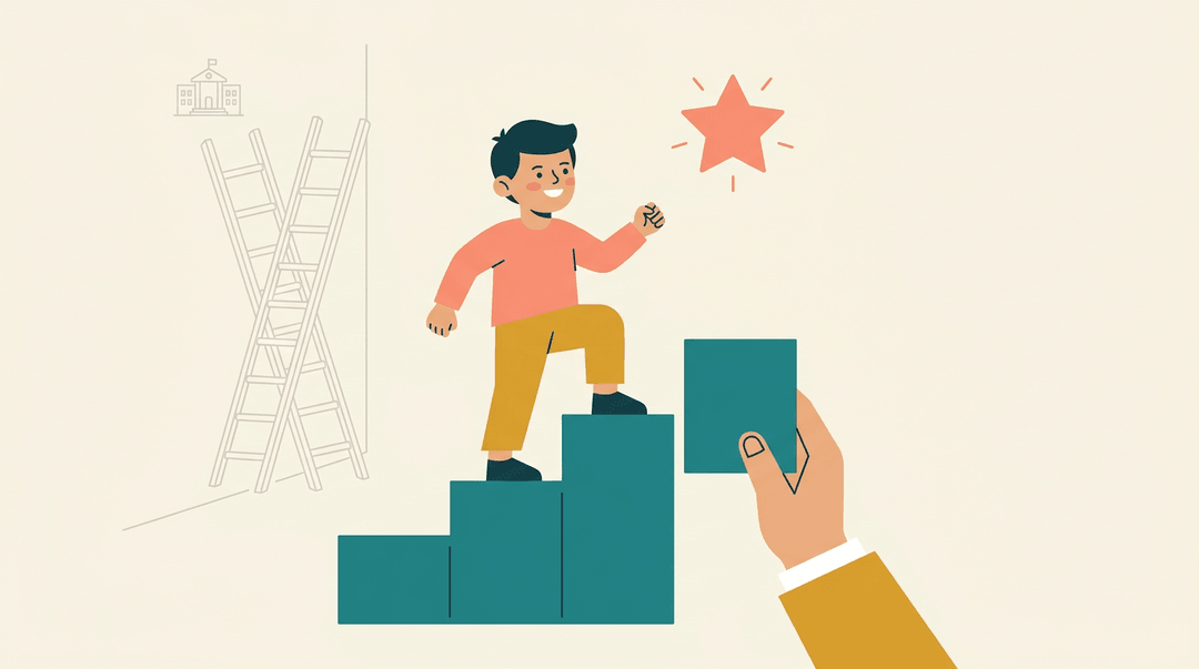 A student climbs a supportive staircase toward a goal while an adult hand places a step, contrasting with a precarious ladder in the background.