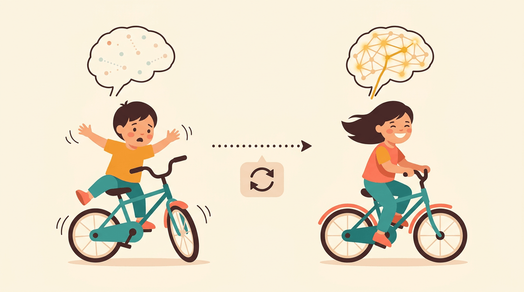 Child learning to bike, showing brain rewiring from disconnected signals to strong neural pathways through practice.
