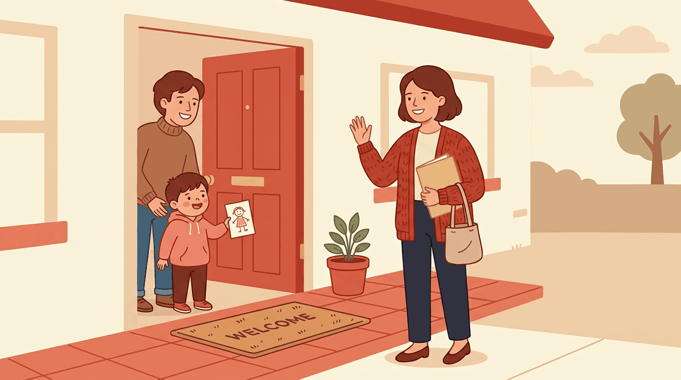 A teacher in red greets a parent and child at their front door, symbolizing home-school partnership.